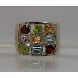 Vintage 1990's Sterling Silver Gemstone Ring Garnet Citrine Topaz Peridot Size 7